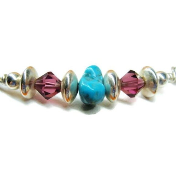 Vintage Bracelet Sterling Silver 925 Turquoise Purple Bead Latching Bangle - Picture 2 of 12